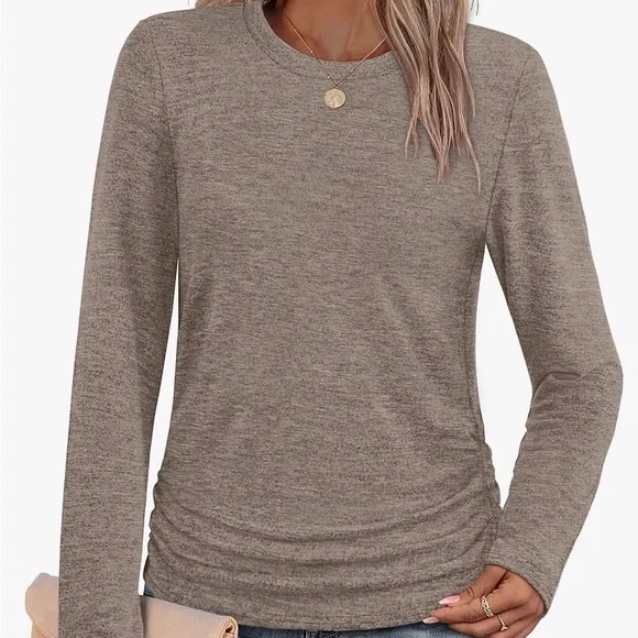 Long Sleeve Ruched Side Women's Top - Taupe - Picture 4 of 4